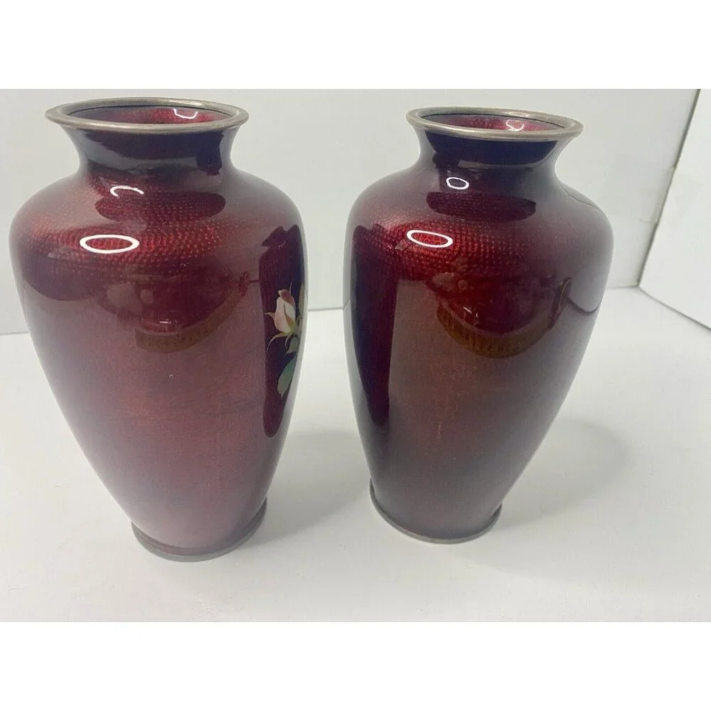 Japanese Pigeon Blood Red Cloisonné Floral‎ Vase 7.5